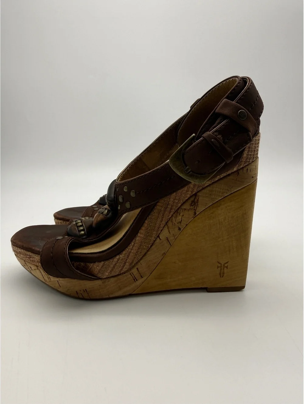 Frye Bridget Ornament Womens Tan Leather Wedge Sandals Platform Size 6